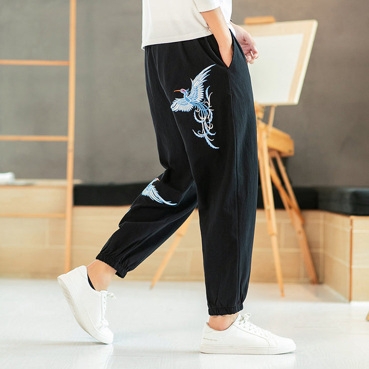 Chinese Japan Style Embroidery Pants | Bird Tao Zen streetwear Loose Size Bloomers Linen Trousers  | Cotton Linen Elastic Waist Pants Nine Points Casual Pants 1 1 Black 2XL 