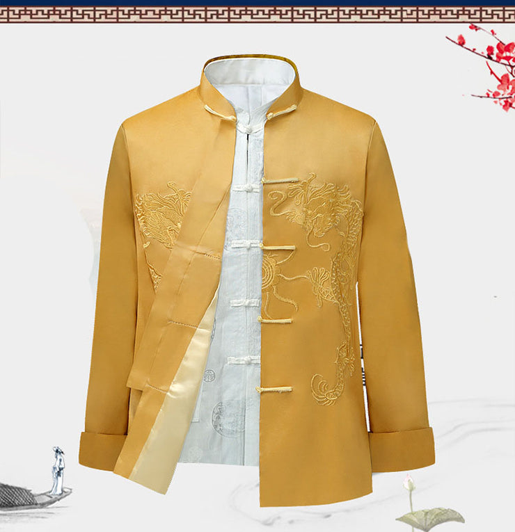 Traditional Chinese Style Embroidery Dragon Hanfu Blouse Suit Men Kung Fu Tops Jackets Cheongsam Year Coats,Silk Chinese Style Dad Outfit Jacket loveyourmom Love Your Mom Yellow 2XL 