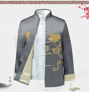 Traditional Chinese Style Embroidery Dragon Hanfu Blouse Suit Men Kung Fu Tops Jackets Cheongsam Year Coats,Silk Chinese Style Dad Outfit Jacket loveyourmom Love Your Mom Grey 2XL 