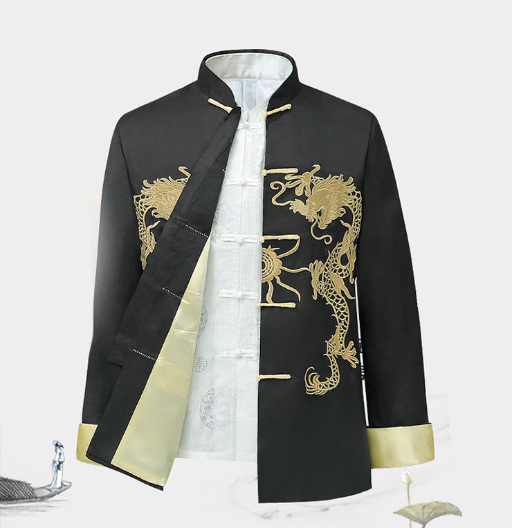 Traditional Chinese Style Embroidery Dragon Hanfu Blouse Suit Men Kung Fu Tops Jackets Cheongsam Year Coats,Silk Chinese Style Dad Outfit Jacket loveyourmom Love Your Mom Black 2XL 