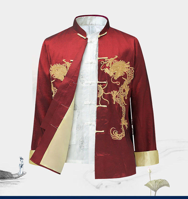 Traditional Chinese Style Embroidery Dragon Hanfu Blouse Suit Men Kung Fu Tops Jackets Cheongsam Year Coats,Silk Chinese Style Dad Outfit Jacket loveyourmom Love Your Mom Red 2XL 