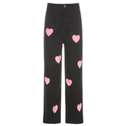 Butterfly Embroidery Straight Leg Cute Girl Denim Casual Pants Slim Trousers loveyourmom Love Your Mom Love black L 