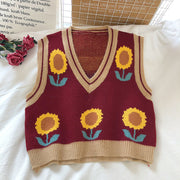Sunflower Knitted V-neck Vest, Casual Designer Festival Sweater, Handmade Crochet Sleeveless Sweater, Bohemian Western Sweater 1 1 Red One size 