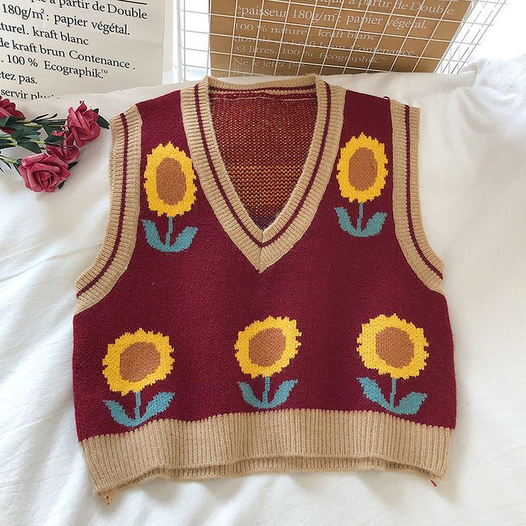 Sunflower Knitted V-neck Vest, Casual Designer Festival Sweater, Handmade Crochet Sleeveless Sweater, Bohemian Western Sweater 1 1   