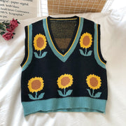Sunflower Knitted V-neck Vest, Casual Designer Festival Sweater, Handmade Crochet Sleeveless Sweater, Bohemian Western Sweater 1 1 Black One size 