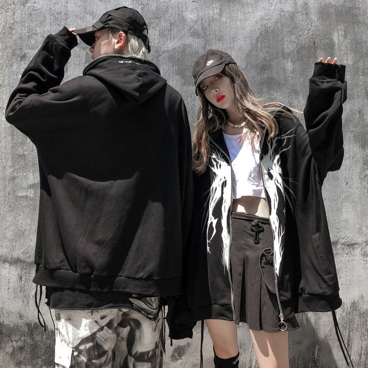 Punk Grunge Gothic Harajuku Black Hoodie, Streetwear Autumn Long Sleeve Oversize Sweatshirt Rave Festival Clothes Y2K 1 1   