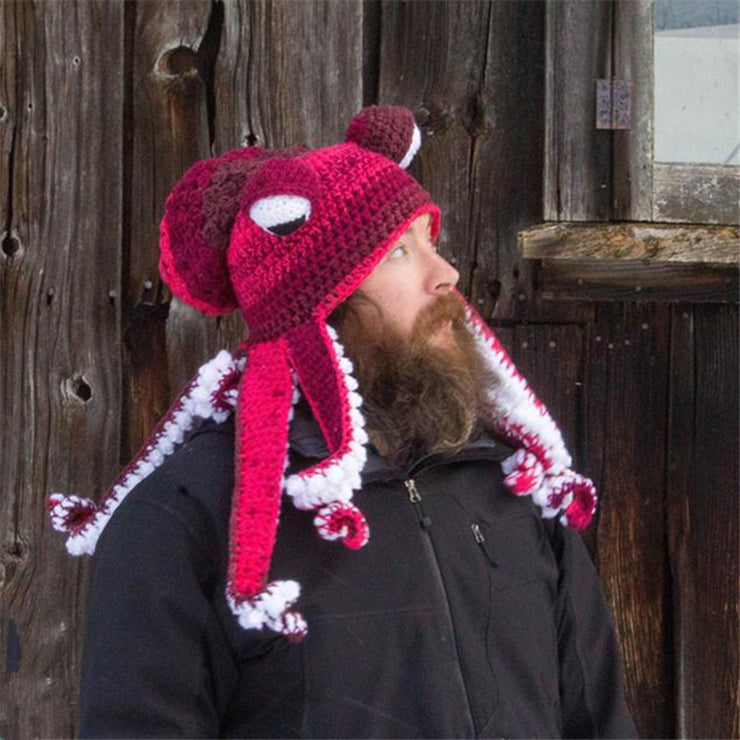 Cute Funny Octopus Beanie Hat, Knitted Hat Winter Knit Cable Hat for Men Women Unisex Halloween Cosplay Hat Party - Crochet Woolen Hat loveyourmom Love Your Mom Rose red and white Adult one size 
