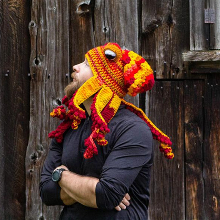 Cute Funny Octopus Beanie Hat, Knitted Hat Winter Knit Cable Hat for Men Women Unisex Halloween Cosplay Hat Party - Crochet Woolen Hat loveyourmom Love Your Mom Yellow and red Adult one size 