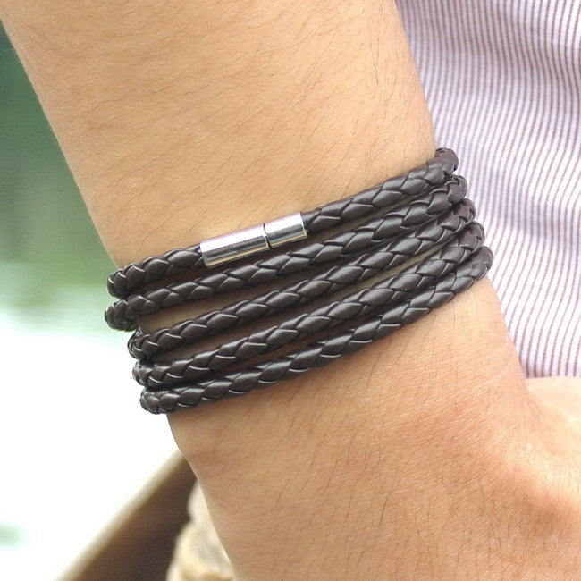 Men's Leather Bracelet, Braided Band,Wrap Leather Adjustable,Black Leather Bracelet & Brown - with Steel Magnetic Clasp 1 Love Your Mom Coffee  
