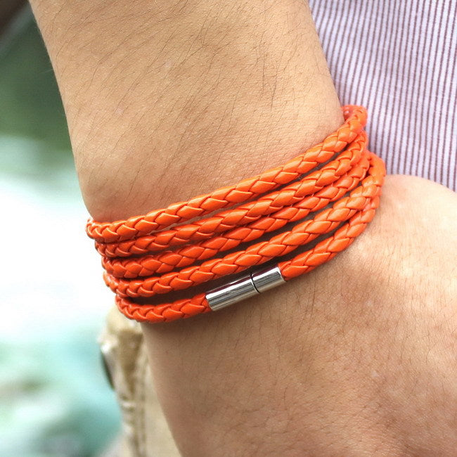 Men's Leather Bracelet, Braided Band,Wrap Leather Adjustable,Black Leather Bracelet & Brown - with Steel Magnetic Clasp 1 Love Your Mom Orange  