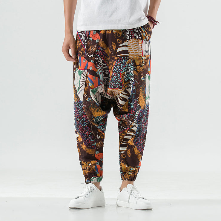 Joggers Pants Chinese Style Rave Casual Graphic Men Harem Pants Cotton Linen Wide Baggy Trouser 1 1 Brown 2XL 
