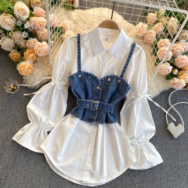 Chic Lapel Collar Puff Sleeve White Blouse & Denim Suspender Vest Set | Women's Elegant Two-Piece Ensemble | Versatile Clothing Set for Modern Style loveyourmom Love Your Mom   