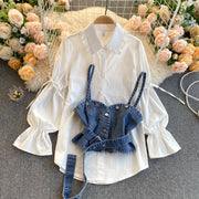 Chic Lapel Collar Puff Sleeve White Blouse & Denim Suspender Vest Set | Women's Elegant Two-Piece Ensemble | Versatile Clothing Set for Modern Style loveyourmom Love Your Mom White One size 