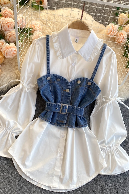 Chic Lapel Collar Puff Sleeve White Blouse & Denim Suspender Vest Set | Women's Elegant Two-Piece Ensemble | Versatile Clothing Set for Modern Style loveyourmom Love Your Mom   