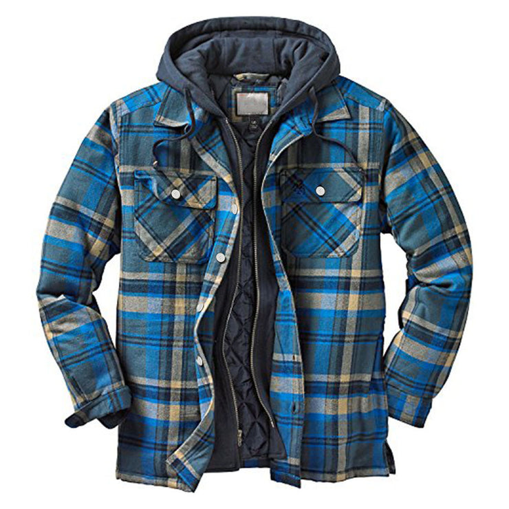 New York Retro Plaid Hooded Flannel Padded Jacket, Zip Up Heavyweight Thermal Lined Button Down Varsity Jacket Plus Size 5XL loveyourmom Love Your Mom Blue 3XL 