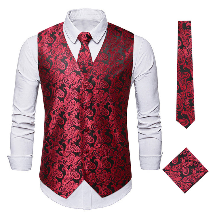 Men's 3Pc Paisley Waistcoat Set with Necktie Pocket Square | Victorian Steampunk Embroidered Vest | Formal Business Attire loveyourmom Love Your Mom Black And Red 2XL 