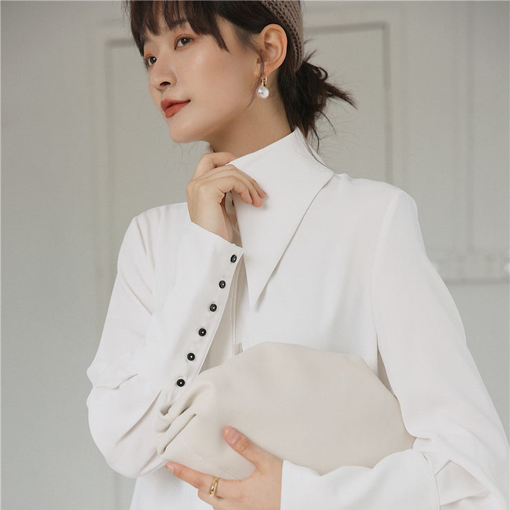 Women White Button Split Temperament Blouse Classic Vintage Style Lapel Long Sleeve Fit Shirt Fashion Tide Autumn 1 1   