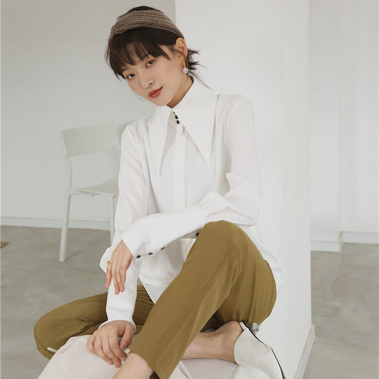Women White Button Split Temperament Blouse Classic Vintage Style Lapel Long Sleeve Fit Shirt Fashion Tide Autumn 1 1   