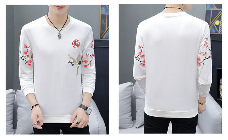 Chinese Style Crane Embroidered Shirt, Round Neck Long Sleeve Cozy Sweater Shirt, Aesthetic Streetwear Graphic Shirt, Chinese Pullover Shirt 1 Love Your Mom   