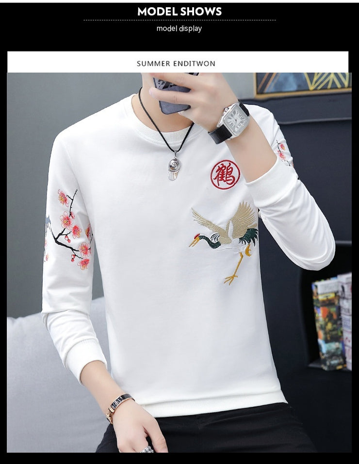 Chinese Style Crane Embroidered Shirt, Round Neck Long Sleeve Cozy Sweater Shirt, Aesthetic Streetwear Graphic Shirt, Chinese Pullover Shirt 1 Love Your Mom   