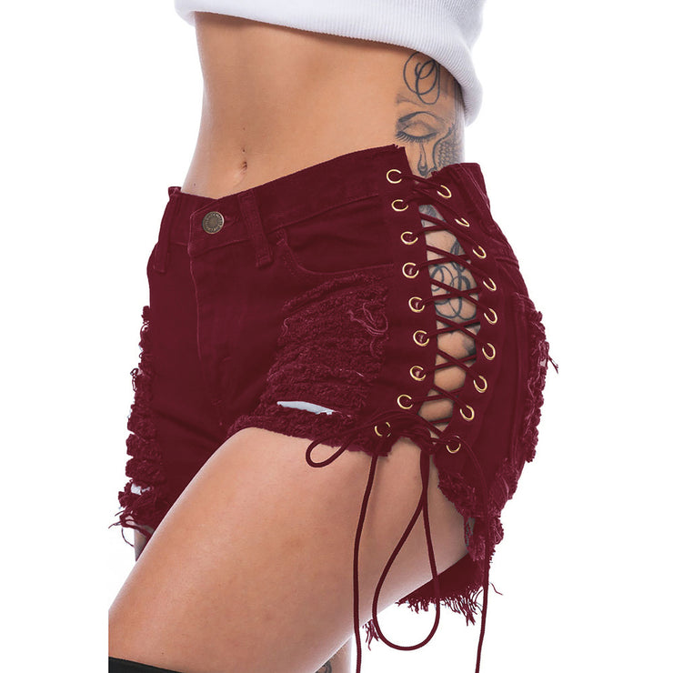 Women Ripped Hole Denim Jeans Pants, Lace Up Handmade Short Gift for Graduation - Festival Summer beach pants. 1 1 Wine color 2XL 