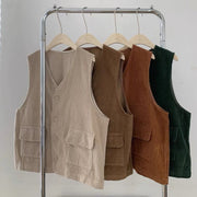Corduroy Button-Up Vest / Japanese Light & Dark Academia Clothing for Women, Retro Pockets Loose Horse Jacket Undershirt 1 1   