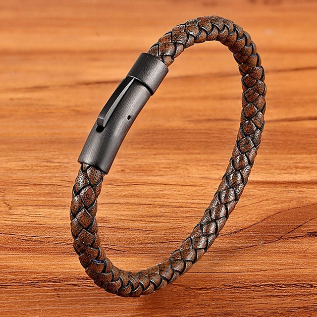 Classic Style Men Leather Bracelet. Black Stainless Steel Button. Neutral Accessories. Hand-woven Jewelry Gifts 1 1 Brown  