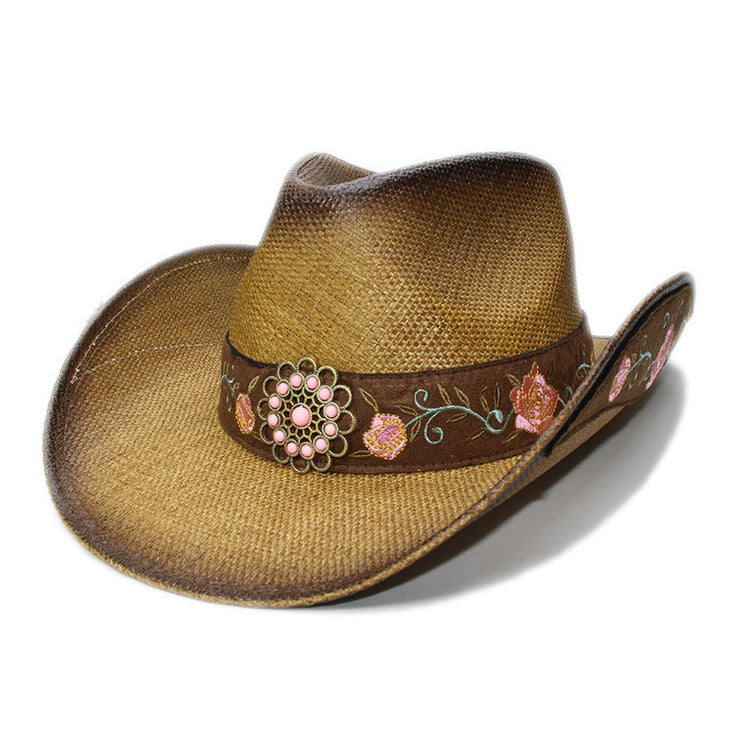 Women's Vintage Style Embroidered Pattern Denim Cowboy Hat, With Wide Brim For Sun Protection Straw Hat loveyourmom Love Your Mom Khaki  