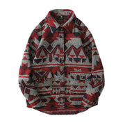 Aztec Print Lapel Pocketed Shacket Jacket, Cashmere Flannel Men Long Sleeve Streetwear Top, National Geometric Retro Clothes 1 1 Red 2XL 
