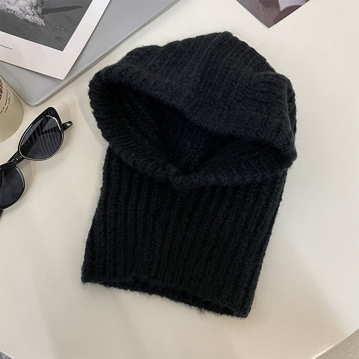 Winter Balaclava,  Woolen Hat Scarf Earflaps Knitted Hat, Hat Bib One Ear Protection Knitted Hats - schalmütze stricken 1 1 Black M56 58cm 
