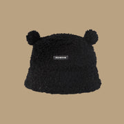 Cute Bear Furry Bucket Women Warm Winter Hat, Tokyo Winter Thermal Faux Lamb Plush 1 Love Your Mom Black  