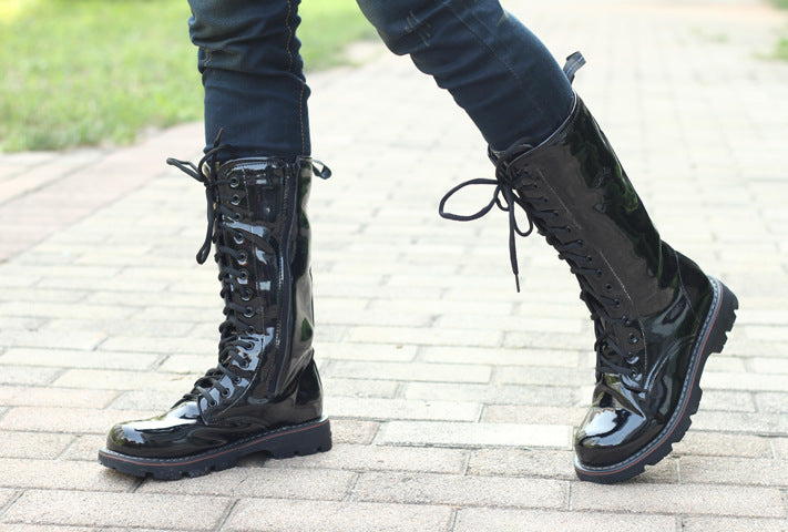 Black Over Knee-High Boots Fashion Patent Leather Laced Biker, Black punk raver Boots 1 1   