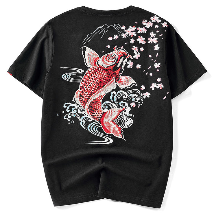 Carp Fishing Embroidered Shirt Men, Aesthetic Fisherman Cotton tshirt, Japanese Fishing Crewneck Short Sleeve Shirt 1 1 Black 2XL 