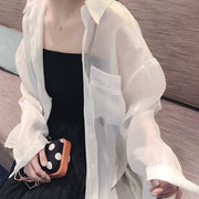 Loose Fit Korean Style Chiffon Shirt, Breathable Button up Shirt, Elegant Casual Tops, Bohemian Aesthetic See Through Shirt, Gifts for Her 1 1   