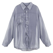 Loose Fit Korean Style Chiffon Shirt, Breathable Button up Shirt, Elegant Casual Tops, Bohemian Aesthetic See Through Shirt, Gifts for Her 1 1 Grey blue 2XL 