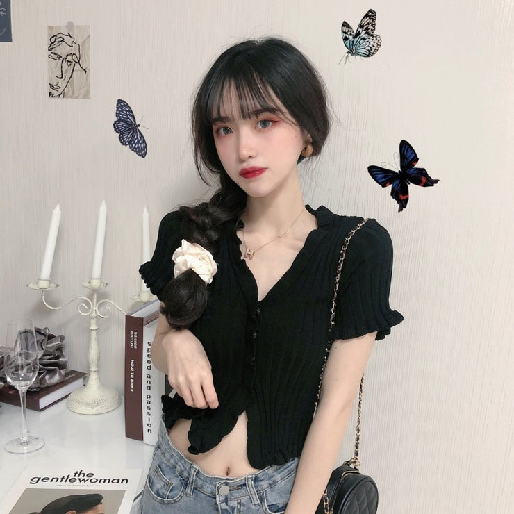 Cropped Knitted Navel Sweater, Short Sleeve V-neck Cozy Sweater, Cute Sexy Ladies Sweater Top, Trendy Streetwear Japanese Sweater 1 1 Black One size 