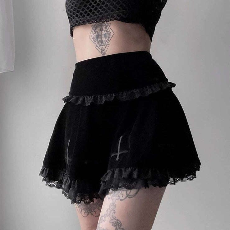 Gothic Punk Skirts Goth Embroidery Suede Black Lace Patchwork Punk Skirt High Waist Y2K Ruffle Short Mini Skirts 1 1 Black L 