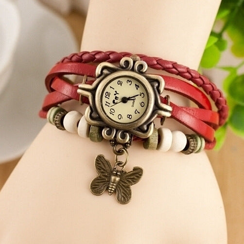 Women's Woven Bracelet Vintage Faux Leather Bracelets Butterfly Pendant Fashion Adjustable Wrist - Cowhide winding bracelet watch 1 1 Red  
