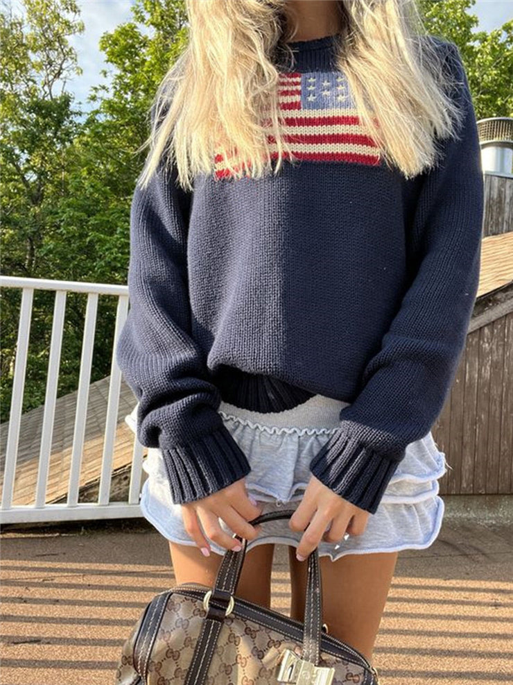 Y2K USA Flag Knit Women a sweater, Cute US NYC Streetwear Long Sleeve Pullover Autumn, Harajuku Knitted Tops Casual 1 1   