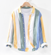 Japan Streetwear Linen Strip Shirt, Cool Breathable Man Long Sleeve Hemp 1 1 Yellow A 2XL 