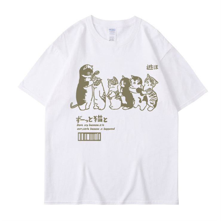 Japanese Cartoon Cat Shower Street Unisex Oversized T-Shirt, Cute Hip Hop Street tee Casual Cotton Summer Short Sleeveה 1 1 White L 