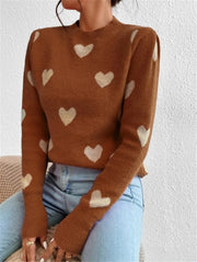 Women's Sweater Heart Pattern Sweater, Loose Round Neck Knitted Pullover Sweater loveyourmom Love Your Mom   