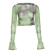Women Mesh Top Shirt, Round Neck Slim Fit Rave Festival Navel Tops, Flared Sleeves, Streetwear Fashion Tops 1 1 Green L 