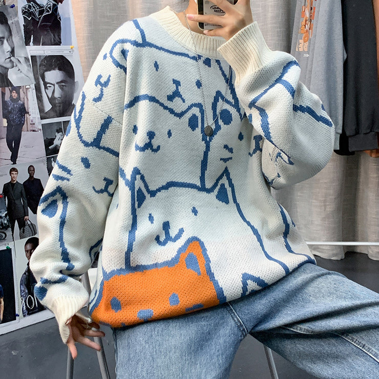 Kawaii Cats pullover, Cat lovers gift sweater with kitty Kitty’s face Oversized Hoodie Anime Hoodie Top 1 1 White 2XL 