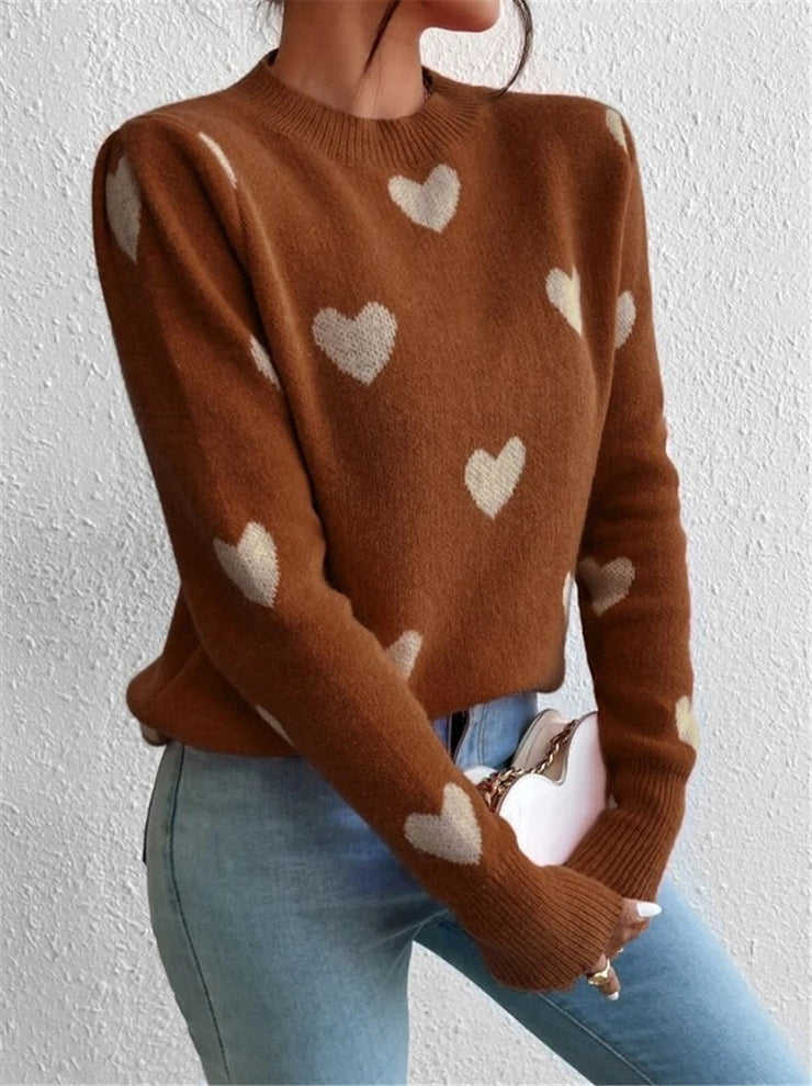 Women's Sweater Heart Pattern Sweater, Loose Round Neck Knitted Pullover Sweater loveyourmom Love Your Mom   