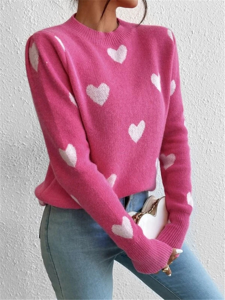 Women's Sweater Heart Pattern Sweater, Loose Round Neck Knitted Pullover Sweater loveyourmom Love Your Mom   