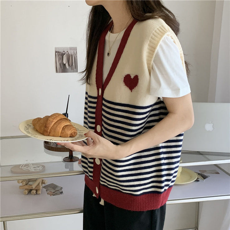 Multi Colored Japanese Korean Heart Knitted Vest for Women, Vintage Outerwear, Casual Warm Cozy Sweater, Aesthetic Vest 1 1   
