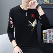 Chinese Style Crane Embroidered Shirt, Round Neck Long Sleeve Cozy Sweater Shirt, Aesthetic Streetwear Graphic Shirt, Chinese Pullover Shirt 1 Love Your Mom Black 2 2XL 
