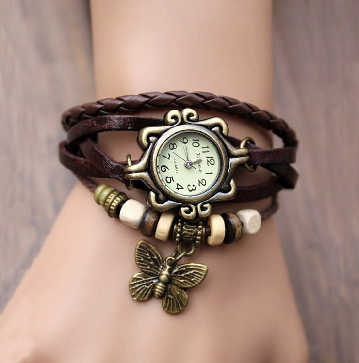 Women's Woven Bracelet Vintage Faux Leather Bracelets Butterfly Pendant Fashion Adjustable Wrist - Cowhide winding bracelet watch 1 1 Coffee  