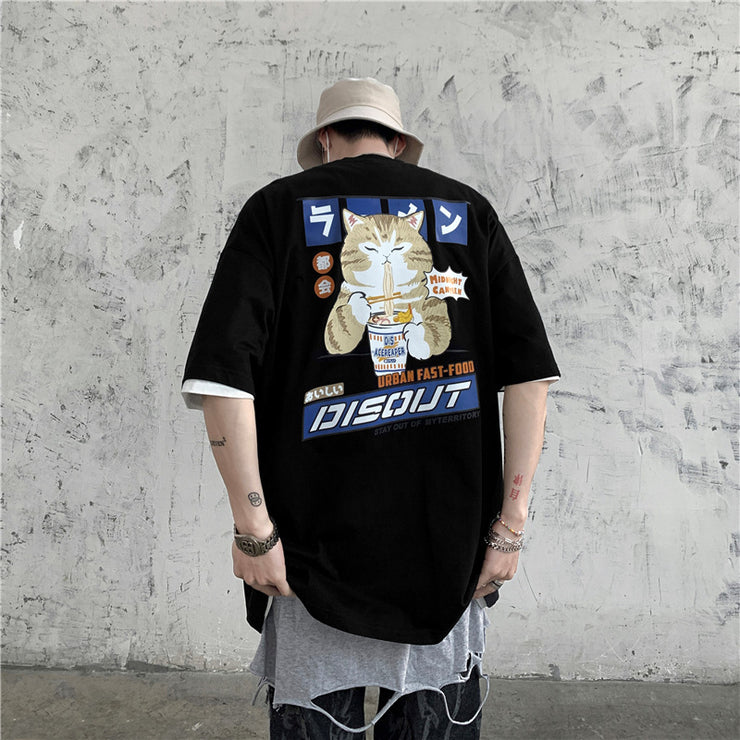 Oversized Cat Graphic Tees Kawaii Cartoon, Streetwear Grunge Tops Harajuku T-Shirt Loose Korean Style Trend 1 1 Black 2XL 